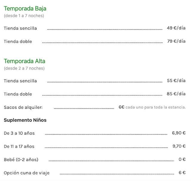 Tarifas camping Islas Cíes