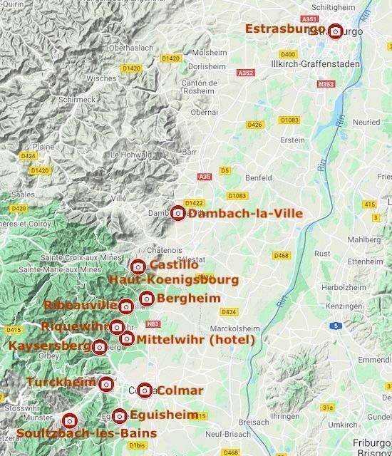 Mapa de nuestro recorrido por Alsacia
