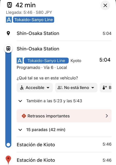 Google Maps mostrando una ruta en transporte público entre Shin-Osaka y Kioto.