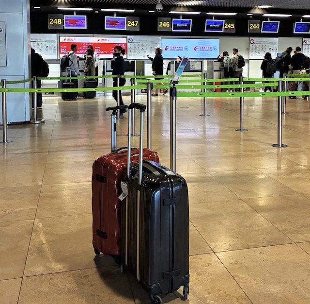Maletas de viaje en el aeropuerto antes de un viaje a Japón