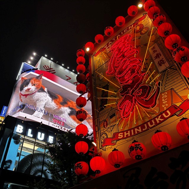 Lueces de neón y pantalla del gato 3D en Kabukicho, Shinjuku en Tokio