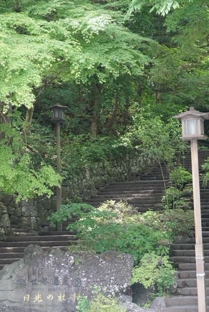 Escalinata de acceso al conjunto histórico de Nikko rodeada de vegetación