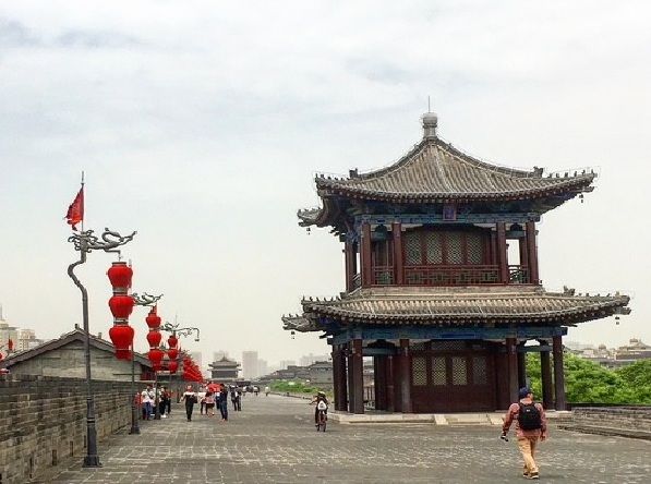 Paseo por la muralla de Xian con torre tradicional y faroles rojos
